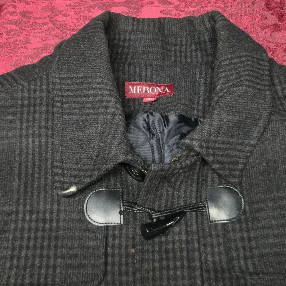 Merona Mens XXL Gray Plaid Wool Blend Duffle Coat Toggle Zip Up Winter Jacket